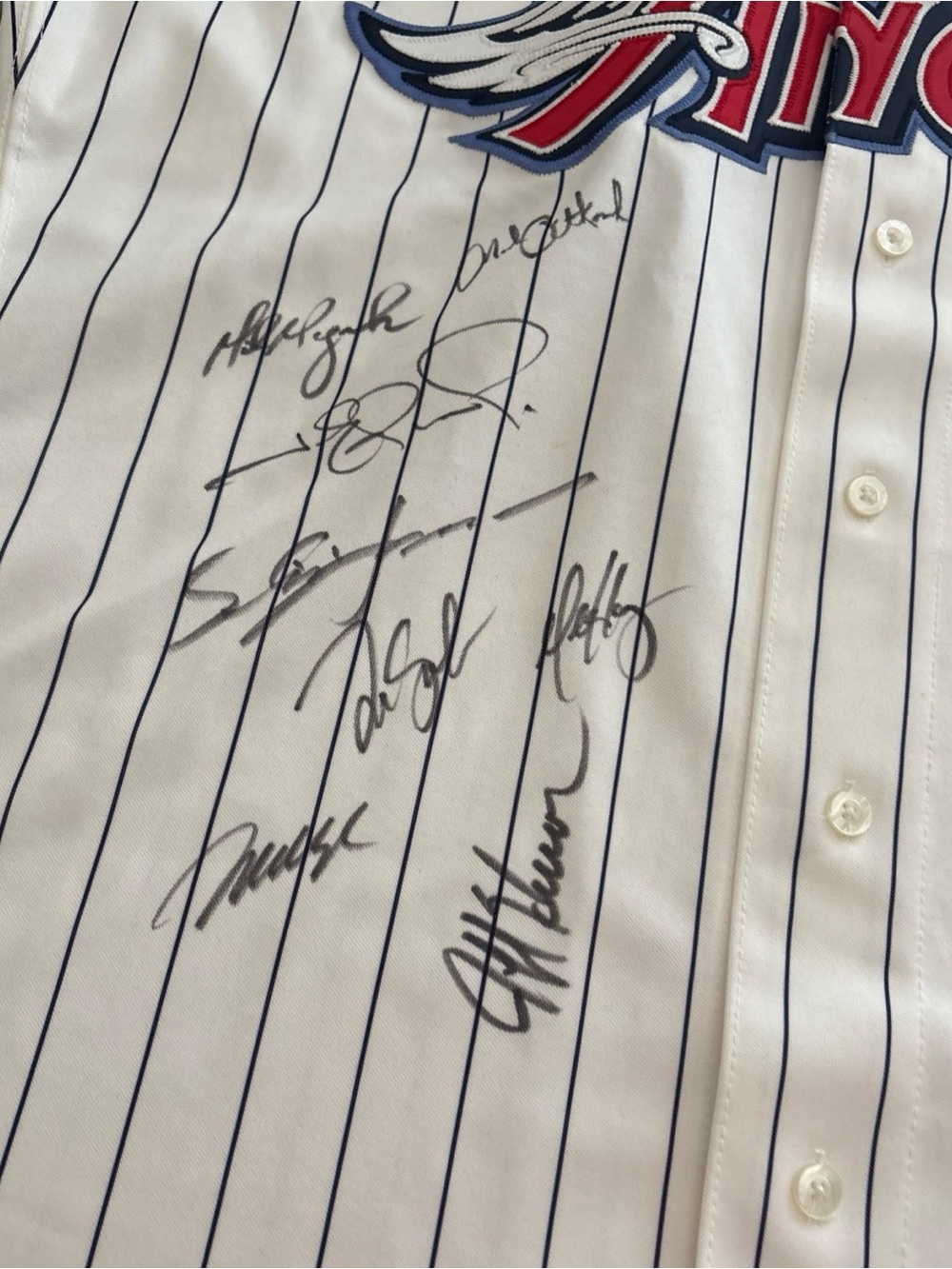 Russell Athletic White Pinstripe Men’s Baseball Jersey with Navy Accents